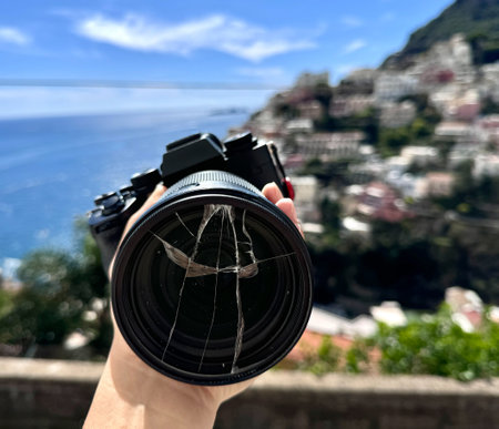 Camera and broken lens in hand with view over Positano town and beach in Amalfi coast in Italy.の写真素材