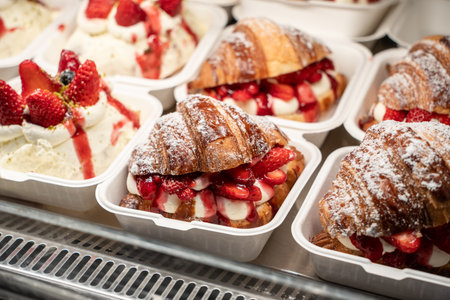 Croissants topped with fresh strawberries and dairy cream. Fresh pastries in the bakery shop.の写真素材