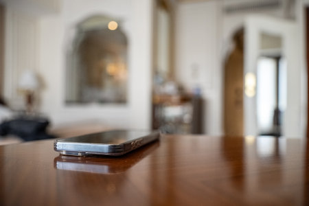 Smartphone on a table with blur indoor background.の写真素材