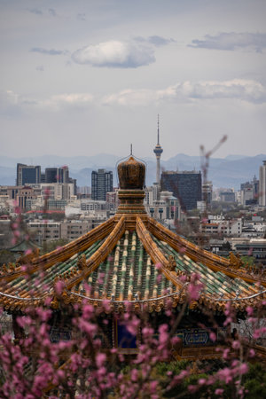 City scape of Beijing with Jingshan Pagoda in foreground, Beijing, China.の写真素材