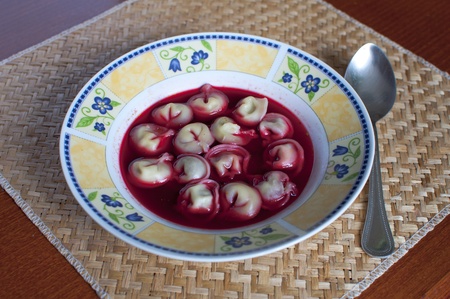 Traditional Polisch christmas borscht with dumplingsの写真素材