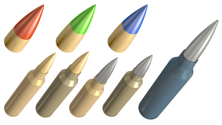 Set containing different types of rifle ammunition in 3d isolated on white background in perspectiveの写真素材