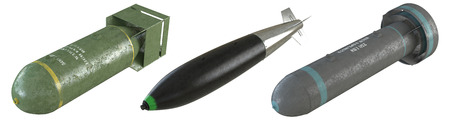 Set of different aircraft bombs rendered in 3d. Asset for game design.