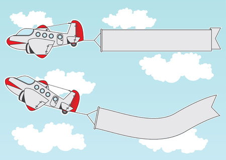 Cartoon set containing jet planes with signs attached to them.のイラスト素材