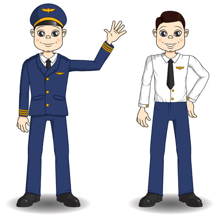 pilot character in airline uniform and without it.のイラスト素材