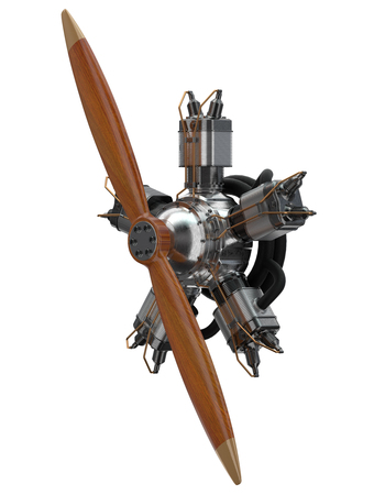 3d render of a vintage aircraft star engine with an old wooden propeller. Perspective view. Isolated...