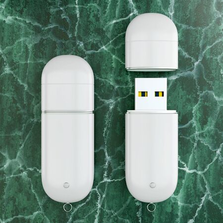 3d render illustration of a flashdrive mockup on green marble background. Top view.