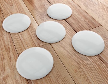 3d render illustration of pin mockups on wooden background. Perspective view.