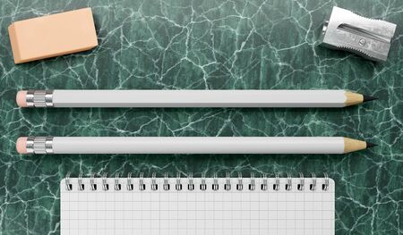 3d render illustration of pencil mockups on green marble background. Top view.の写真素材