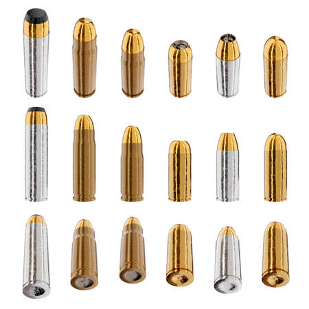 3d render illustration of a pistol ammunition on white background. Top view.の写真素材