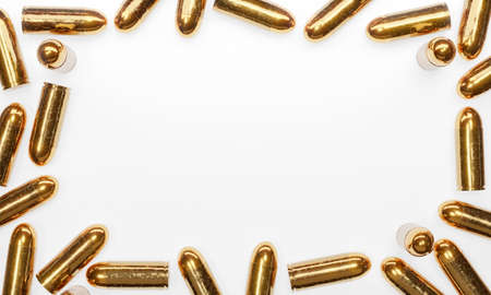 3d render illustration of a pistol ammunition on white background. Top view.の写真素材