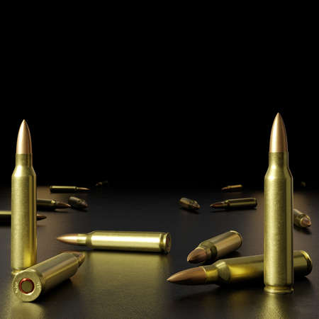 3d render illustration of a rifle ammunition on black background. Front view. Close up shot.