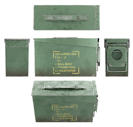 3d render illustration of a rifle ammunition box isolated on white. Different views.の写真素材