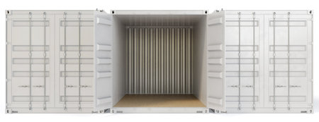 3d render illustration of an opened and closed cargo container wall. Perspective front view. White...