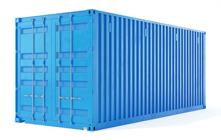3d render illustration of a closed cargo container. Perspective view. Blue colour