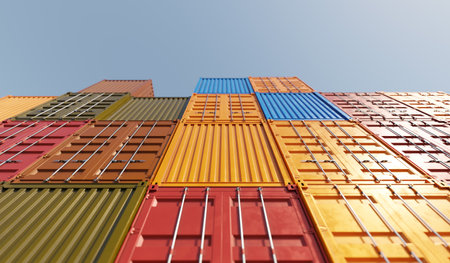 3d render illustration of a stacked shipping containers at a container cargo port. World trade...