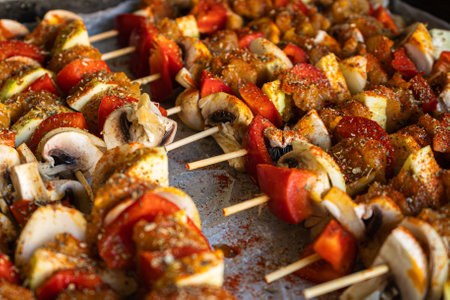 Closeup photo of fresh and delicious chicken skewers covered with spices and seasoning with mushrooms, onions, paprika, zucchini. Ideal as grill snack or party food.の写真素材