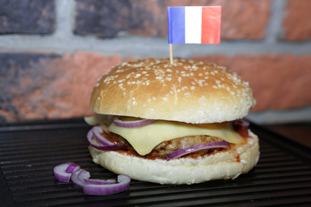 Hamburger with beef, cheese, onion, tomato and sauce. Homemade burger. French flagの写真素材