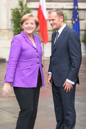 KRAKOW, POLAND - JUNE 04, 2009: 20th Anniversary of the collapse of Communism in Central Europe o/p Polish Prime Minister Donald Tusk Chancellor of Germany Angela Merkelのeditorial素材