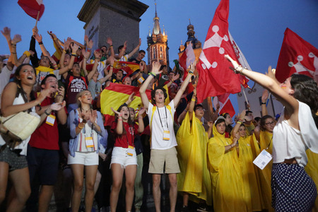 KRAKOW, POLAND - JULY 28, 2016: Krakow, Franciszkanska street, World Youth Day 2016 o/p pilgrimsのeditorial素材