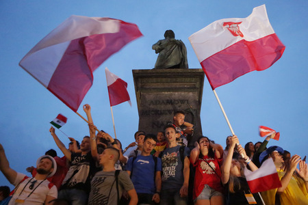 KRAKOW, POLAND - JULY 28, 2016: Krakow, Franciszkanska street, World Youth Day 2016 o/p pilgrimsのeditorial素材