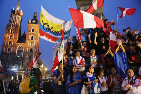 KRAKOW, POLAND - JULY 28, 2016: Krakow, Franciszkanska street, World Youth Day 2016 o/p pilgrimsのeditorial素材