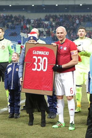 KRAKOW, POLAND - FEBRUARY 11, 2017: Polish Premier Football League Wisla Krakow - Korona Kielce o/p Arkadiusz Glowackiのeditorial素材