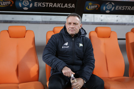 NIECIECZA, POLAND - FEBRUARY 17, 2017: Polish Premier Football League Termalica Bruk-Bet Nieciecza - Lechia Gdansk o/p   Piotr Nowakのeditorial素材