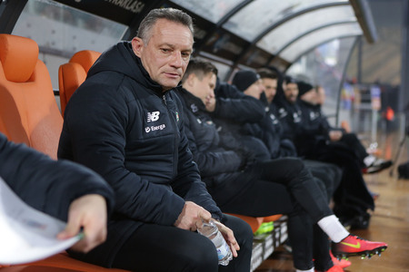 NIECIECZA, POLAND - FEBRUARY 17, 2017: Polish Premier Football League Termalica Bruk-Bet Nieciecza - Lechia Gdansk o/p   Piotr Nowakのeditorial素材