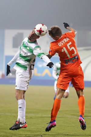 NIECIECZA, POLAND - FEBRUARY 17, 2017: Polish Premier Football League Termalica Bruk-Bet Nieciecza - Lechia Gdansk o/p Joao Nunes Kornel Osyraのeditorial素材