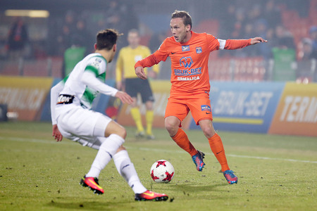 NIECIECZA, POLAND - FEBRUARY 17, 2017: Polish Premier Football League Termalica Bruk-Bet Nieciecza - Lechia Gdansk o/p Bartlomiej Babiarzのeditorial素材