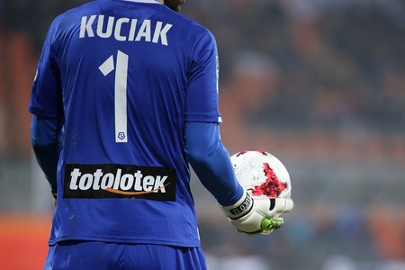 NIECIECZA, POLAND - FEBRUARY 17, 2017: Polish Premier Football League Termalica Bruk-Bet Nieciecza - Lechia Gdansk o/p Dusan Kuciakのeditorial素材