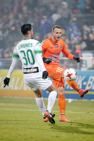 NIECIECZA, POLAND - FEBRUARY 17, 2017: Polish Premier Football League Termalica Bruk-Bet Nieciecza - Lechia Gdansk o/p Roman Gergelのeditorial素材
