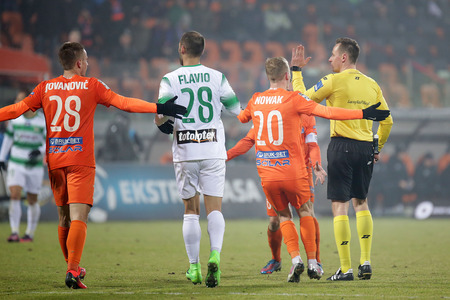 NIECIECZA, POLAND - FEBRUARY 17, 2017: Polish Premier Football League Termalica Bruk-Bet Nieciecza - Lechia Gdansk o/p  Pawel Raczkowskiのeditorial素材
