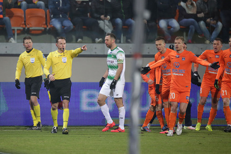 NIECIECZA, POLAND - FEBRUARY 17, 2017: Polish Premier Football League Termalica Bruk-Bet Nieciecza - Lechia Gdansk o/p Pawel Raczkowskiのeditorial素材