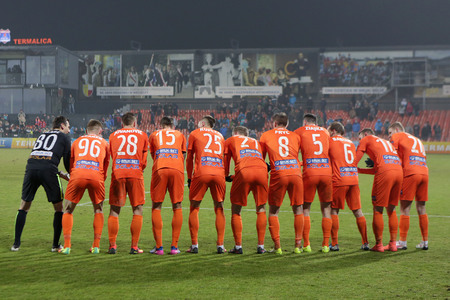 NIECIECZA, POLAND - FEBRUARY 17, 2017: Polish Premier Football League Termalica Bruk-Bet Nieciecza - Lechia Gdansk o/p  teamのeditorial素材