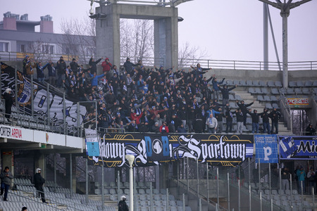 KIELCE, POLAND - FEBRUARY 18, 2017: Polish Premier Football League Korona Kielce - Wisla Plock o/p football fansのeditorial素材
