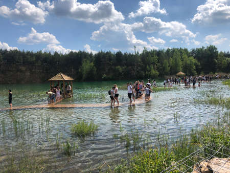 JAWORZNO, POLAND - JUNE 6, 2021: Grodek water reservoir on site closed dolomite opencast mine, famous qarry called the Polish Maldives.のeditorial素材