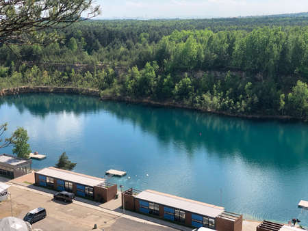JAWORZNO, POLAND - JUNE 6, 2021: Grodek water reservoir on site closed dolomite opencast mine, famous qarry called the Polish Maldives.のeditorial素材