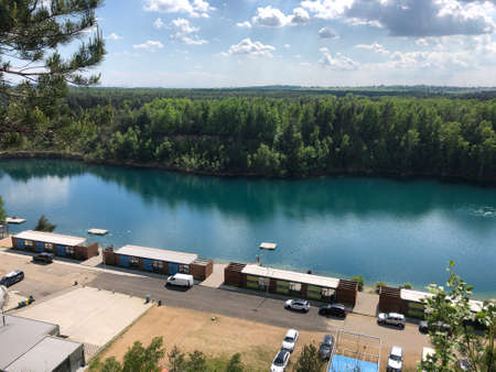 JAWORZNO, POLAND - JUNE 6, 2021: Grodek water reservoir on site closed dolomite opencast mine, famous qarry called the Polish Maldives.のeditorial素材
