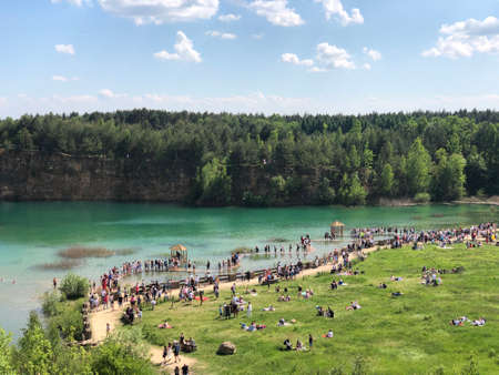 JAWORZNO, POLAND - JUNE 6, 2021: Grodek water reservoir on site closed dolomite opencast mine, famous qarry called the Polish Maldives.のeditorial素材