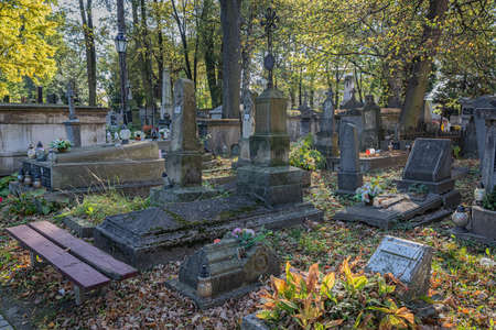 TARNOW, POLAND - OCTOBER 09, 2021: Polish city in Malopolska often called "Pearl of Polish Renaissance". Europe's most beautiful town according CNN. o / p old cemeteryのeditorial素材
