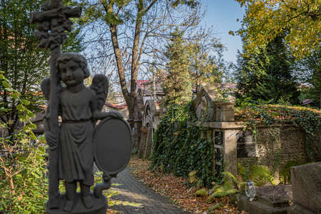 TARNOW, POLAND - OCTOBER 09, 2021: Polish city in Malopolska often called "Pearl of Polish Renaissance". Europe's most beautiful town according CNN. o / p old cemeteryのeditorial素材