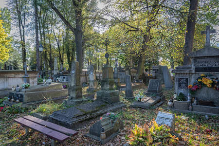 TARNOW, POLAND - OCTOBER 09, 2021: Polish city in Malopolska often called "Pearl of Polish Renaissance". Europe's most beautiful town according CNN. o / p old cemeteryのeditorial素材