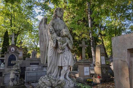 TARNOW, POLAND - OCTOBER 09, 2021: Polish city in Malopolska often called "Pearl of Polish Renaissance". Europe's most beautiful town according CNN. o / p old cemeteryのeditorial素材