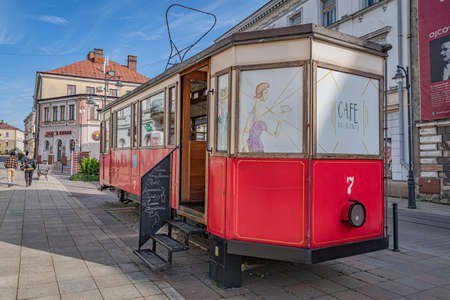 TARNOW, POLAND - OCTOBER 10, 2021: Polish city in Malopolska often called "Pearl of Polish Renaissance". Europe's most beautiful town according CNN. o / p tram cafe "Tram"のeditorial素材