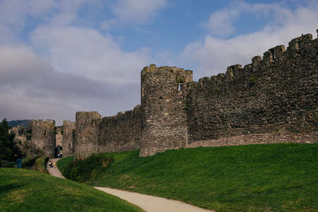 Conwy Castle in Wales, outside and inside view of the town of Conwy