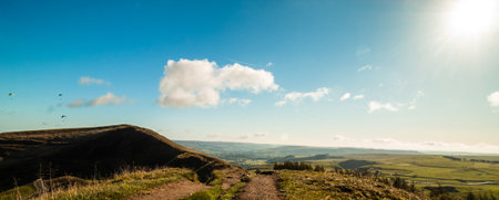 Mam Tor in National Park Peak District in Derbyshire UK, walking in footpath in autumn 2021.