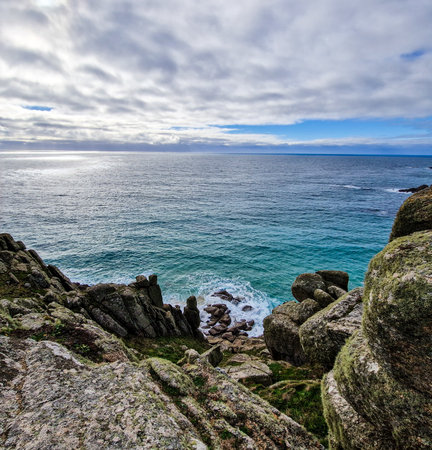 Sunny day in Porthcurno beach Cornwall, England February 2023.