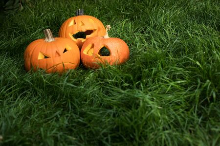 Halloween jack-o-lantern carved pumpkin decorationの写真素材